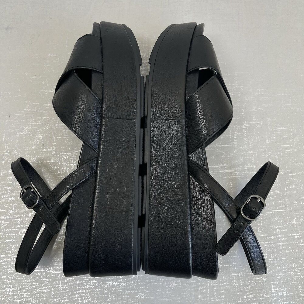 Eileen Fisher Juno Black Leather Platform Sandals 9.5 Ankle Straps Minimalist - Picture 10 of 12
